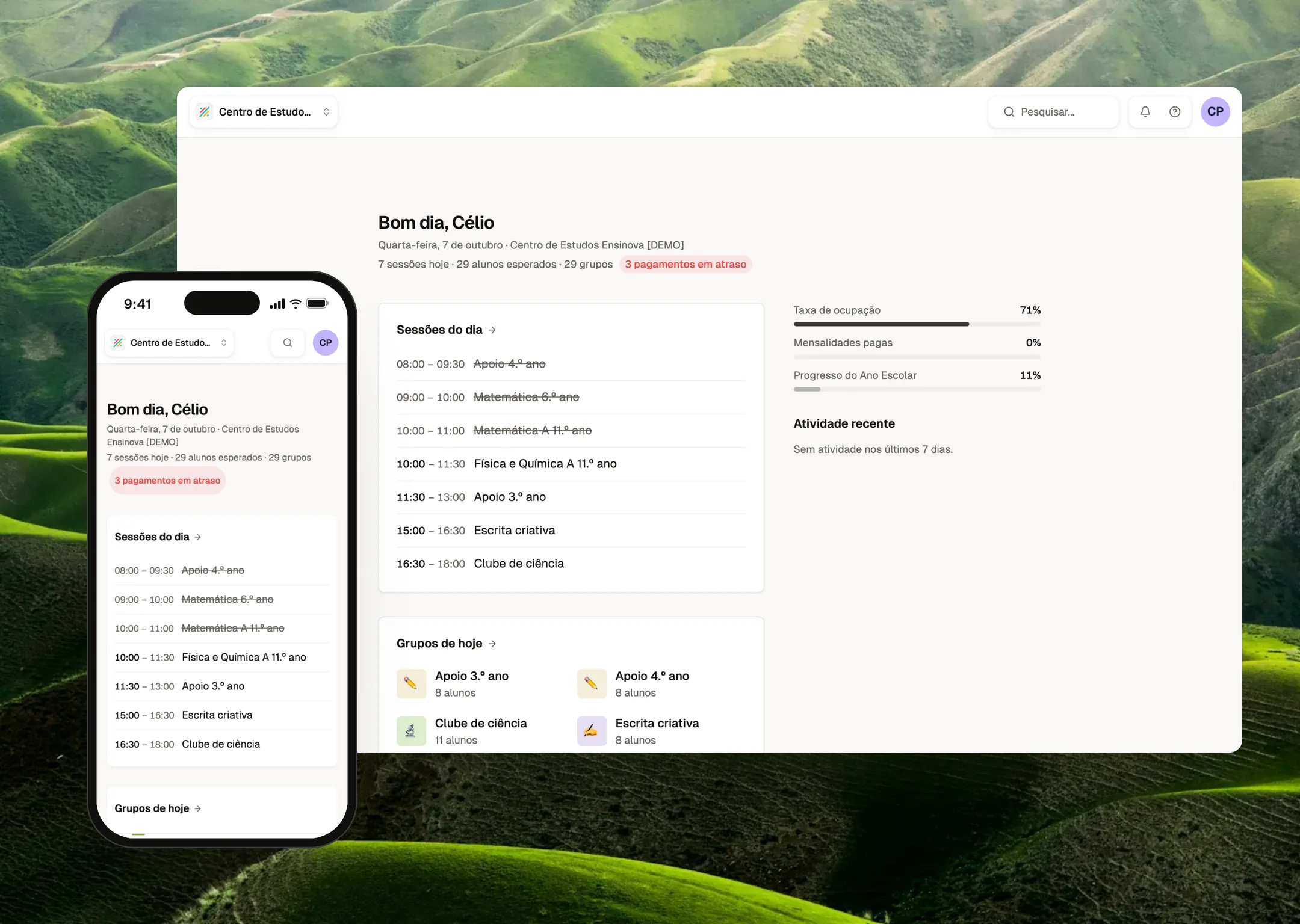Ensinova home on desktop and mobile: sessions of the day, occupancy and overdue payments