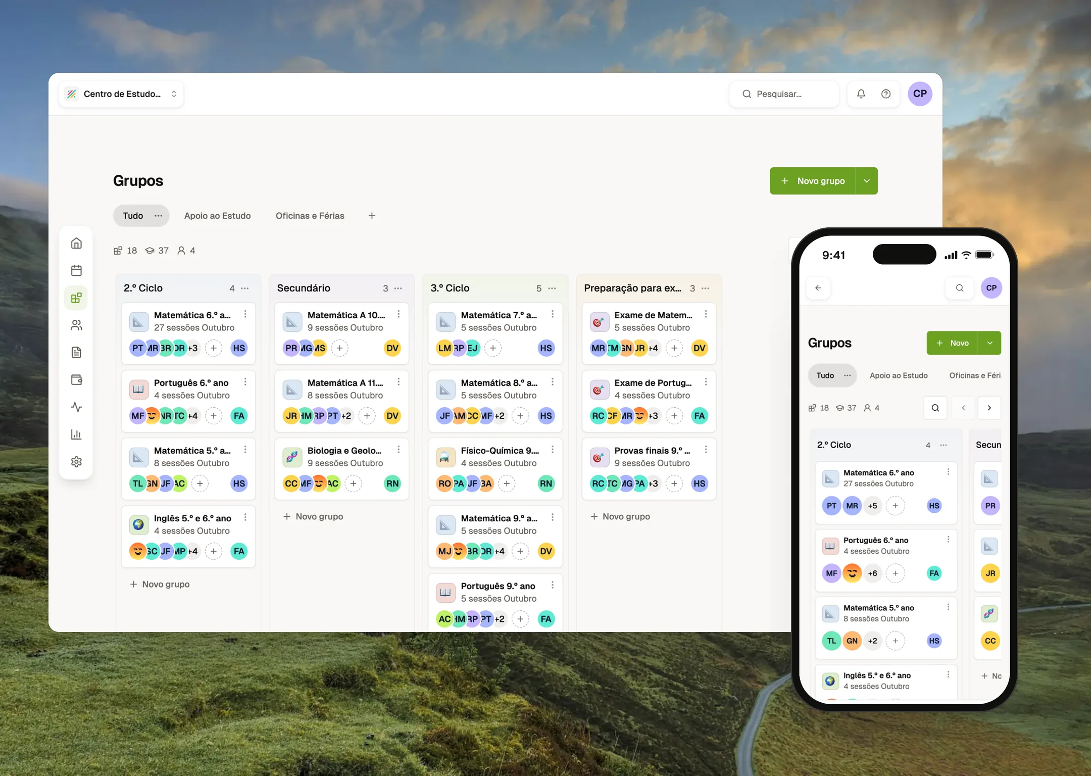 Ensinova groups board with drag-and-drop members and attendance in one tap