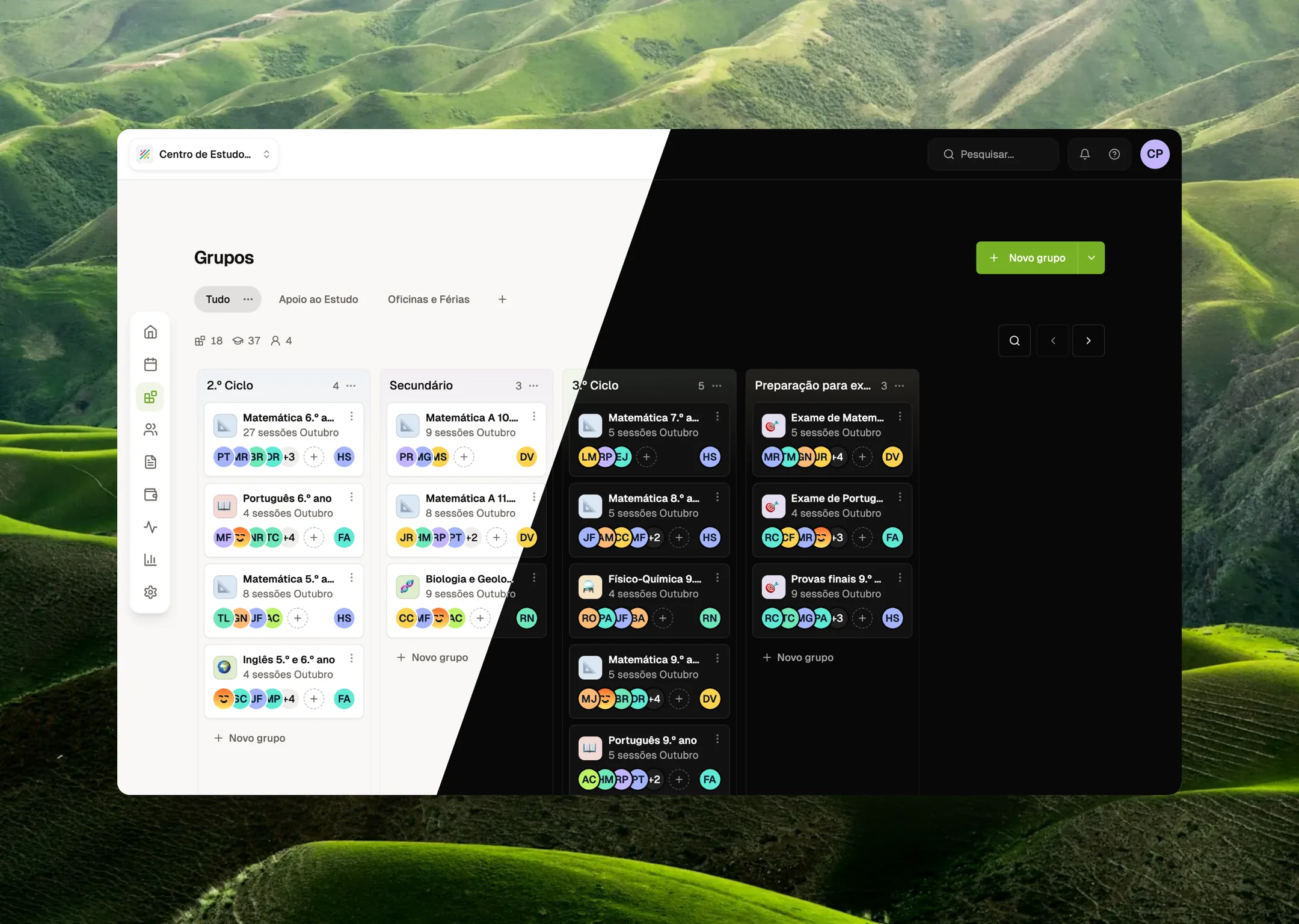 Ensinova groups board in light and dark mode