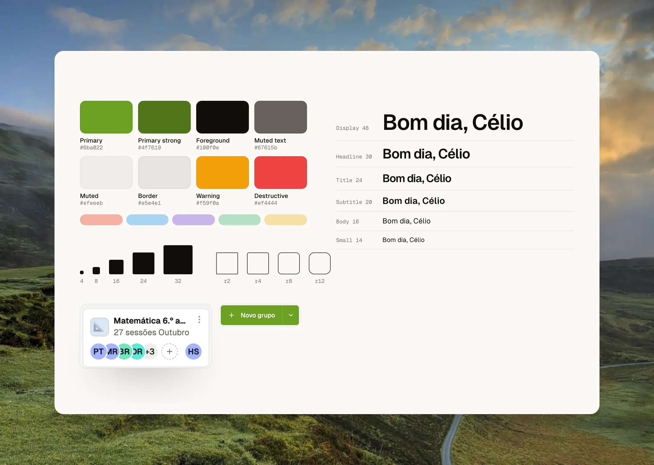 Ensinova design system: colour tokens, type scale, spacing, radius and shipped components