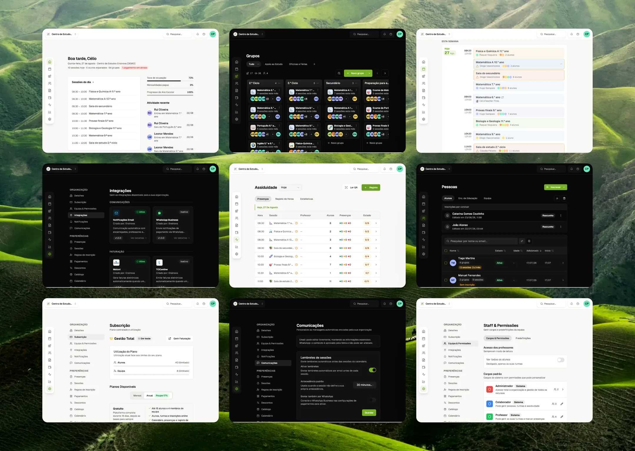 Grid of automatically captured Ensinova help-centre screenshots in light and dark mode