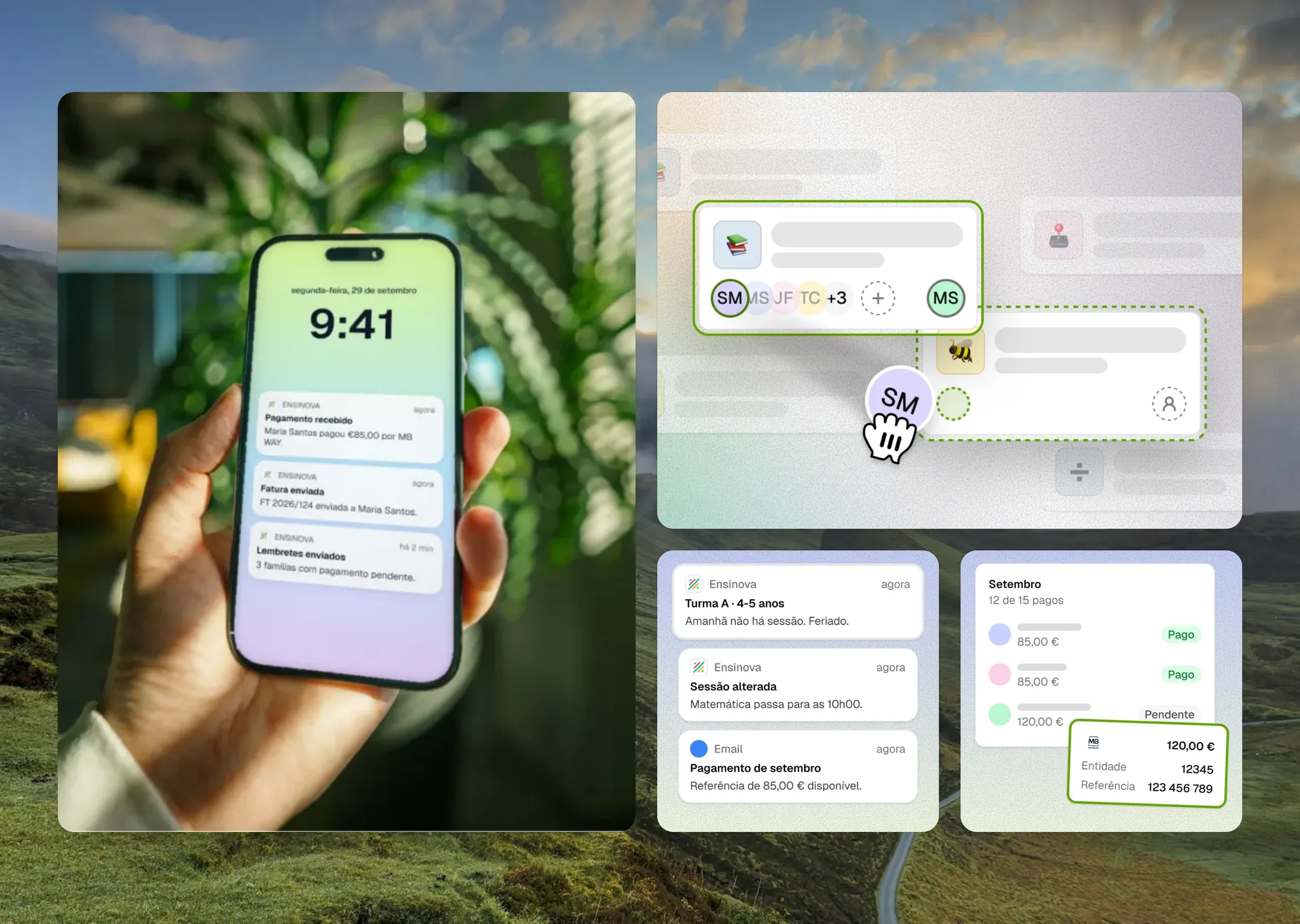 Ensinova brand and marketing visuals: notifications, feature illustrations and student card