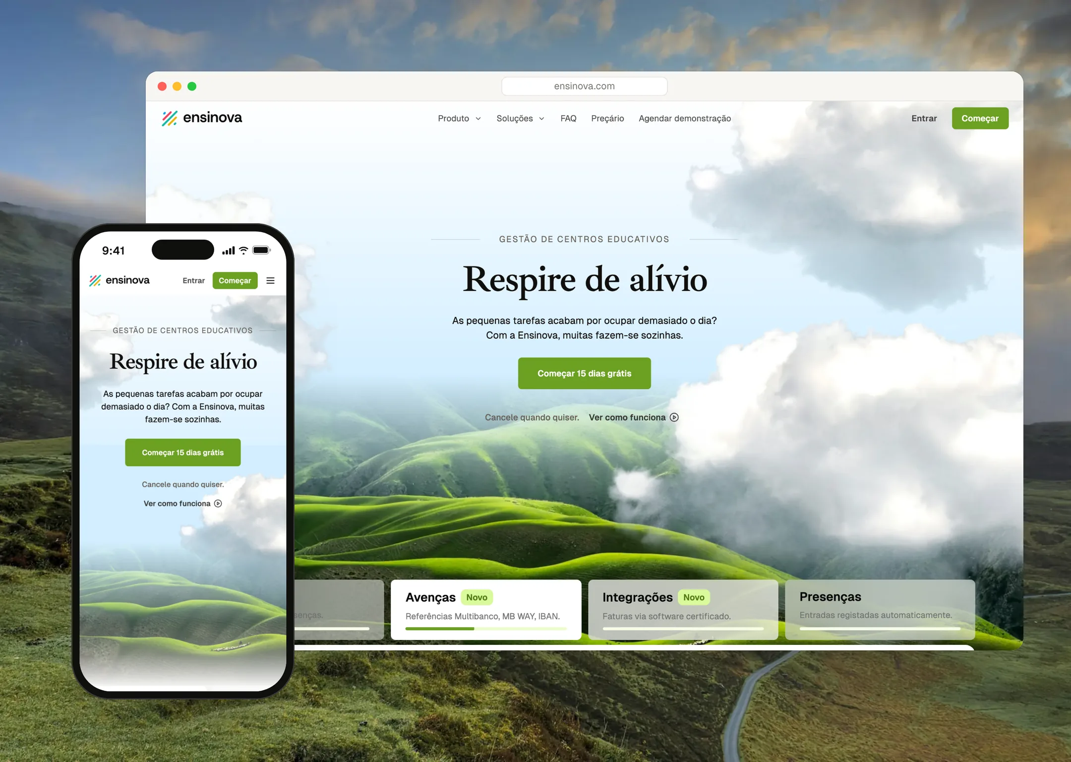 Ensinova landing page on desktop and mobile