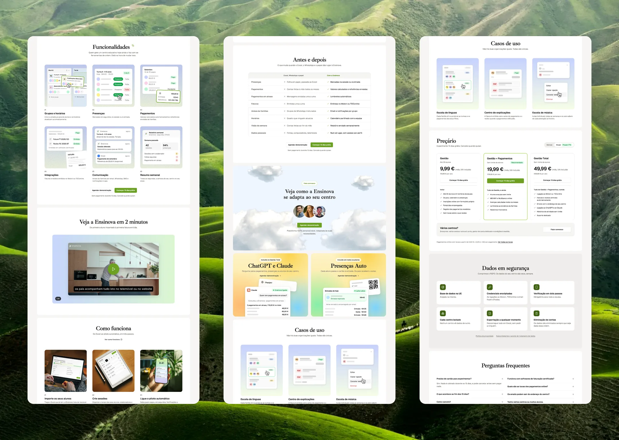Ensinova landing page sections: features, before and after, use cases, pricing and security