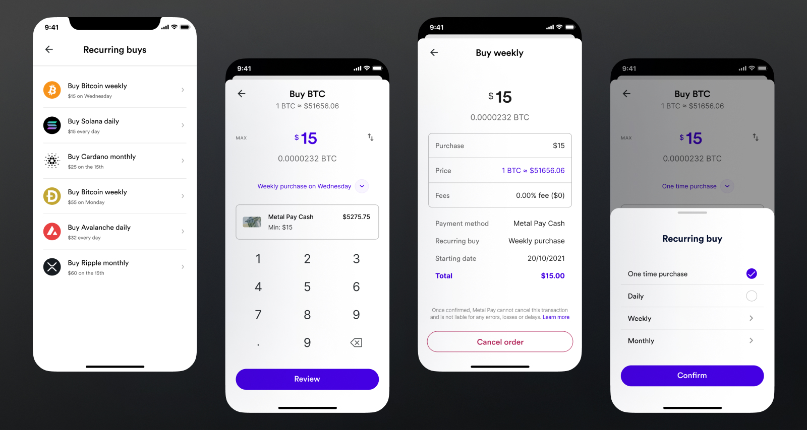 MetalPay mobile APP - Showing some screens of the Buying and the Recurring Buys flow